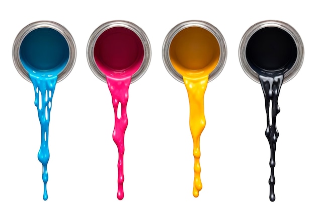 CMYK colors paint dripping out from cans isolated on a white background AI Generative