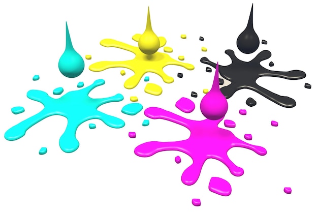 Photo cmyk cyan magenta yellow and black paint drops and blots