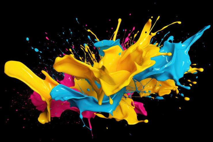 Photo cmyk paint splash on blue background with letters colorful illustration of ink splash in abstract
