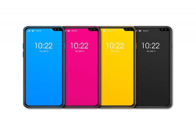 CMYK smartphone set isolated on white surface. 3D render
