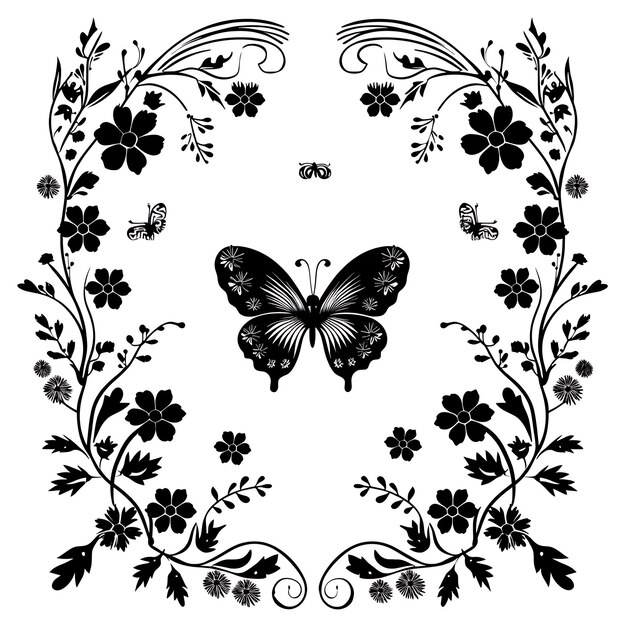 Foto cnc butterfly cut art met wilde bloemen en bladeren voor decoratio tshirt tattoo print art design ink