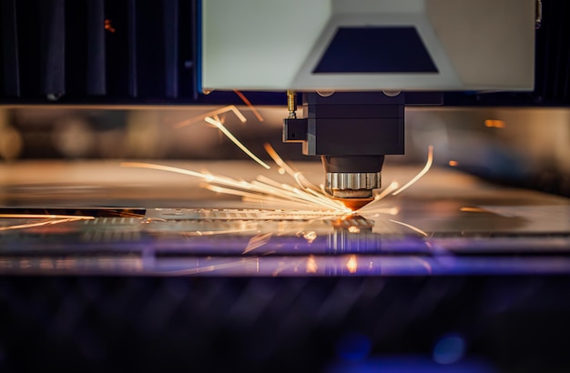 CNC lasersnijden van metaal moderne industriële technologie. Lasersnijden werkt door de output van een krachtige laser door optica te sturen. Laseroptiek en CNC-computer numerieke besturing.