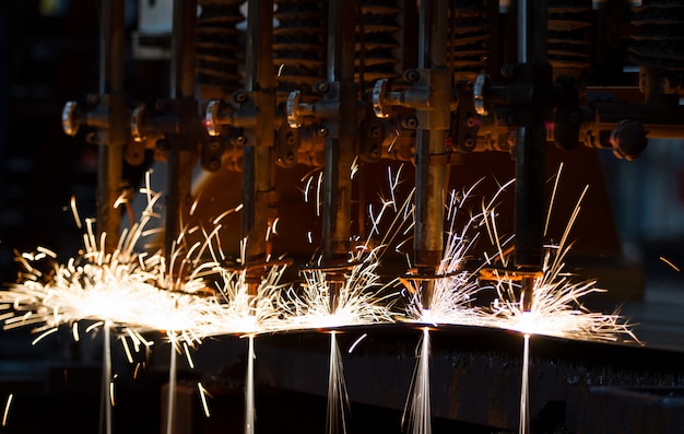 CNC LPG cutting with sparks close up