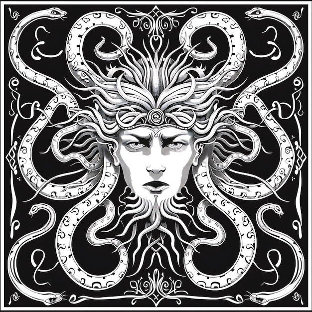 Foto cnc medusa cut art met slangen en haar voor decoraties in het t-shirt tattoo print art design ink