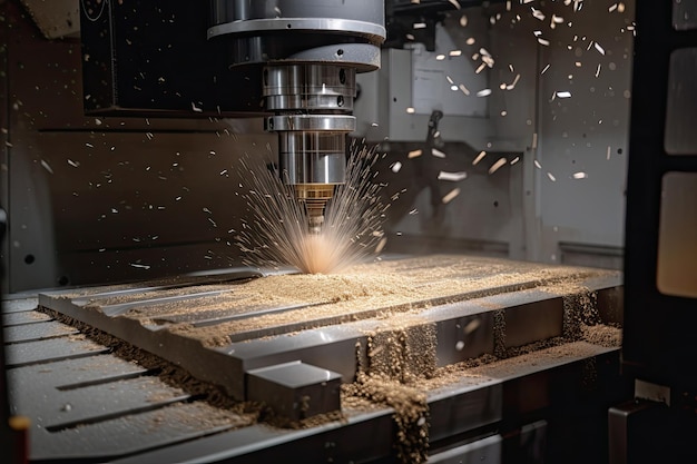 CNC milling machine cutting the metal plate with sparks CNC milling machine CNC machine tool in a metal factory cutting metal AI Generated