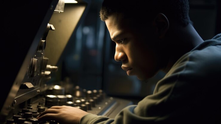 Photo cnc operator male africanamerican young adult operating a computer numerical control machine to manufacture parts in cnc machine generative ai aig22