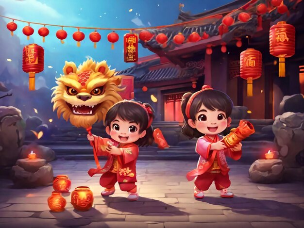 Photo cny cute kids playing lion and dragon dance hanging out together with traditional stuff fortune