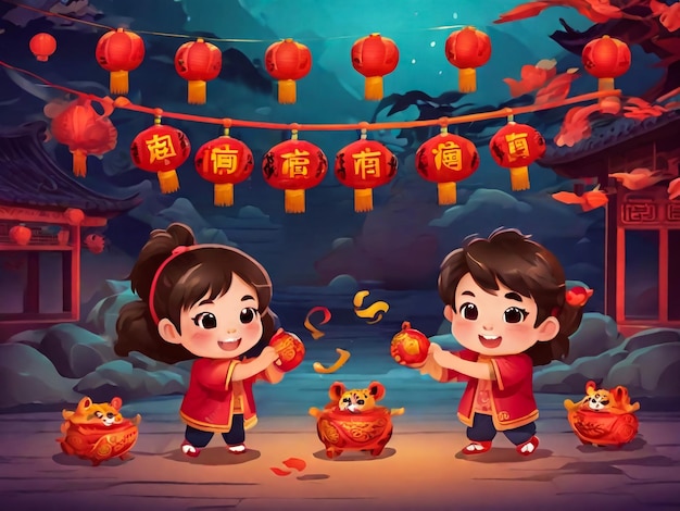 Милые дети из CNY играют в танец льва и дракона, гуляют вместе с традиционными вещами Fortune