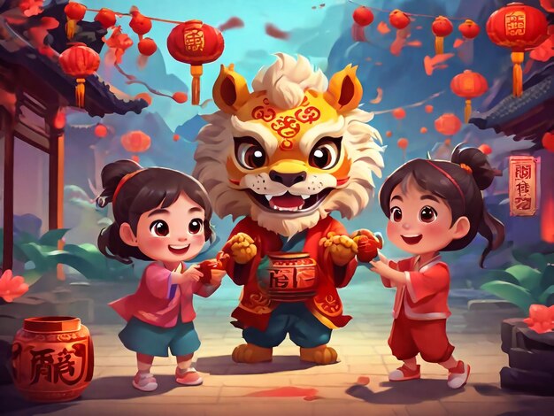 CNY cute kids playing lion and dragon dance hanging out together with traditional stuff Fortune