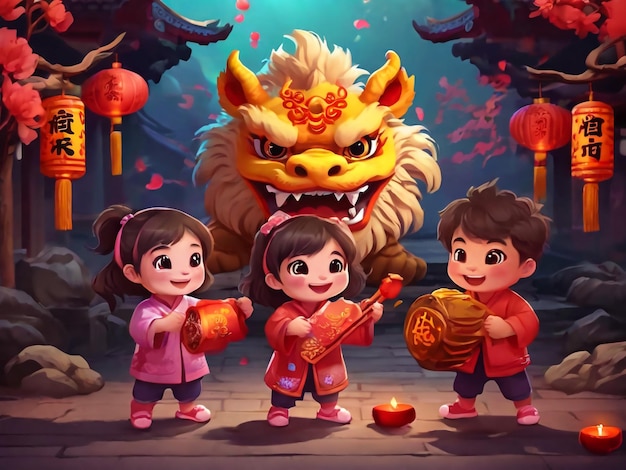 CNY leuke kinderen spelen leeuw en draak dans rondhangen samen met traditionele dingen Fortune