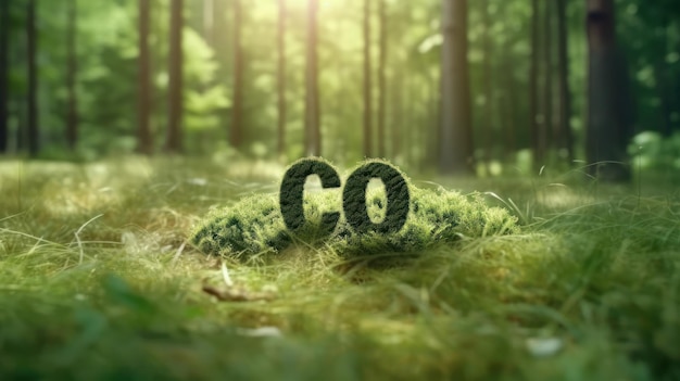 森の中の緑の芝生にある Co シンボルは、地球温暖化と気候変動を制限するために二酸化炭素排出量を削減します