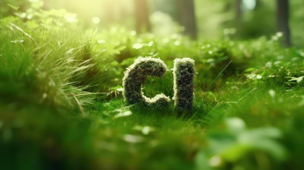 지구 온난화와 기후 차를 제한하기 위해 숲의 푸른 잔디에 있는 공동 기호는 탄소 발자국을 낮춥니다.
