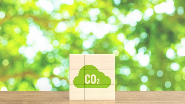 The co2 icon on wood cube for environmental concept 3d rendering