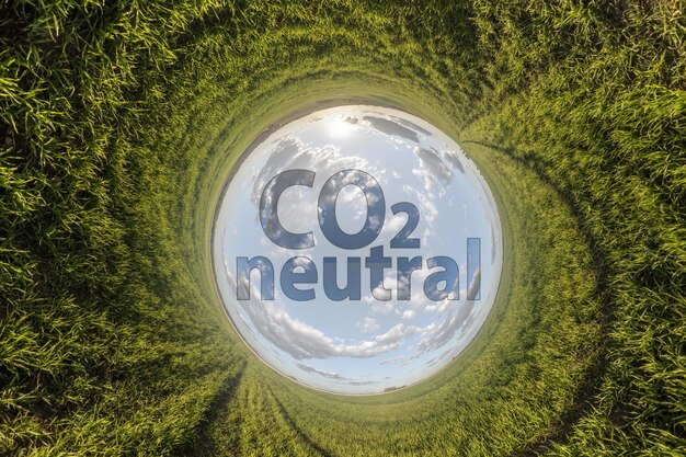 緑の草の背景に青い小さな惑星に対する CO2 ニュートラル テキスト コンセプト イメージ