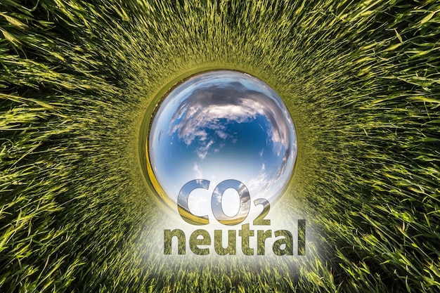 CO2 Neutrale tekst concept afbeelding tegen blauwe kleine planeet op groen gras achtergrond