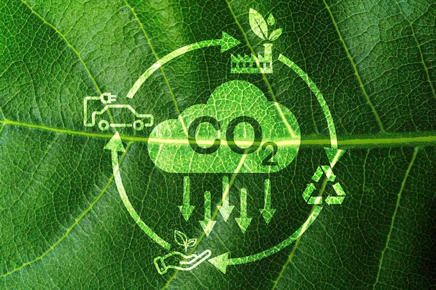 CO2-reducerend pictogram op groen blad met circulaire voor het verminderen van de CO2-koolstofvoetafdruk en koolstofkrediet om de opwarming van de aarde door klimaatverandering te beperken Bio Circulair Green Economy-concept