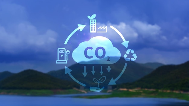 사진 기후 변화로 인한 지구 온난화를 제한하기 위해 co2 탄소 발자국과 탄소 크레을 줄이기위한 순환과 함께 co2 감소 아이콘 생물 순환 녹색 경제 개념