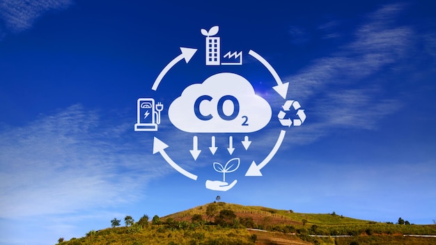 사진 co2 reducing icon with circular for decrease co2 carbon footprint and carbon credit to limit global warming from climate change bio circular green economy concept