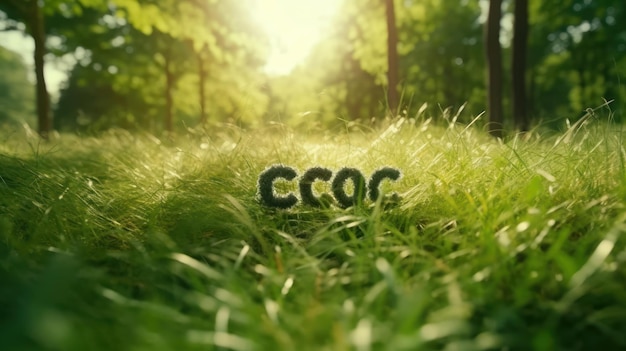 CO2-symbool op groen gras in een bos Lagere CO2-voetafdruk om opwarming van de aarde en klimaatverandering te beperken Duurzame ontwikkeling en zakendoen op basis van hernieuwbare energie Concept van CO2-uitstoot verminderen