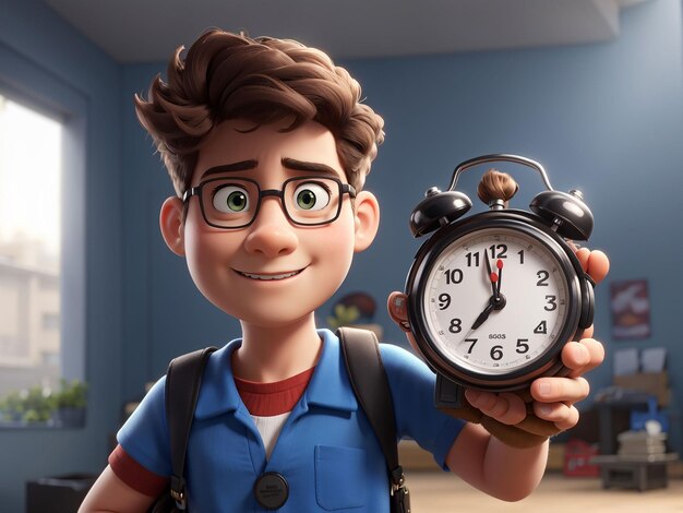 A coach boy cartoon character holding a timer