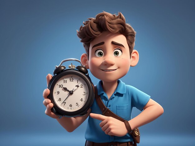 A coach boy cartoon character holding a timer