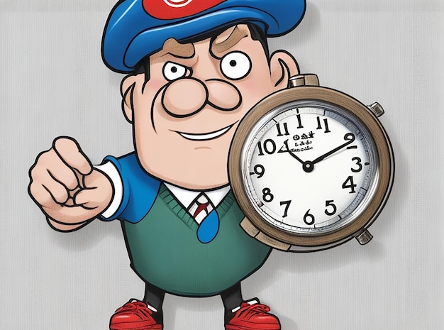 A coach boy cartoon character holding a timer