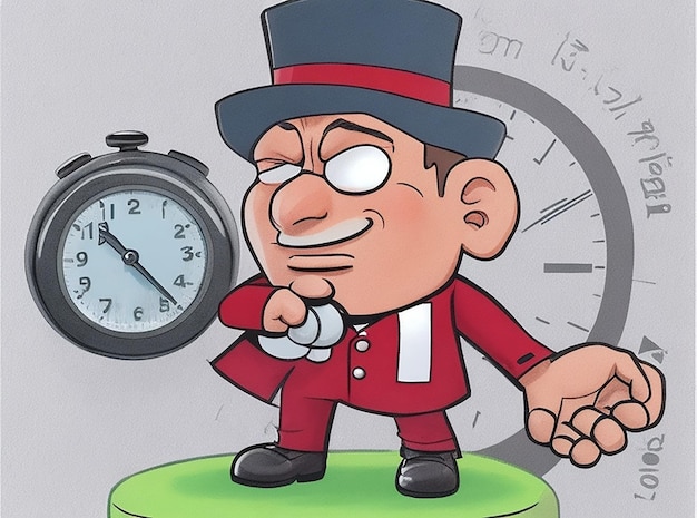 A coach boy cartoon character holding a timer