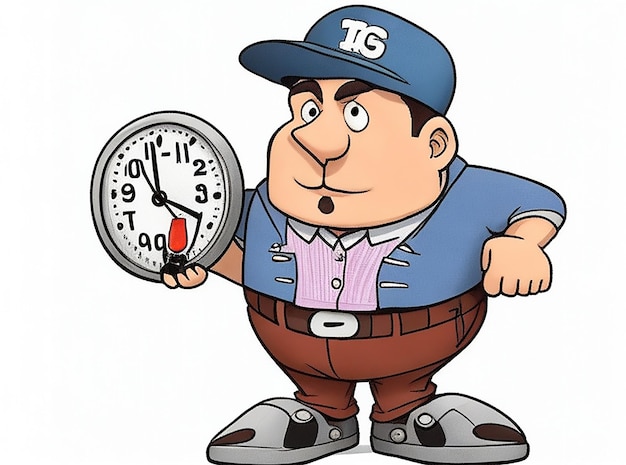 A coach boy cartoon character holding a timer