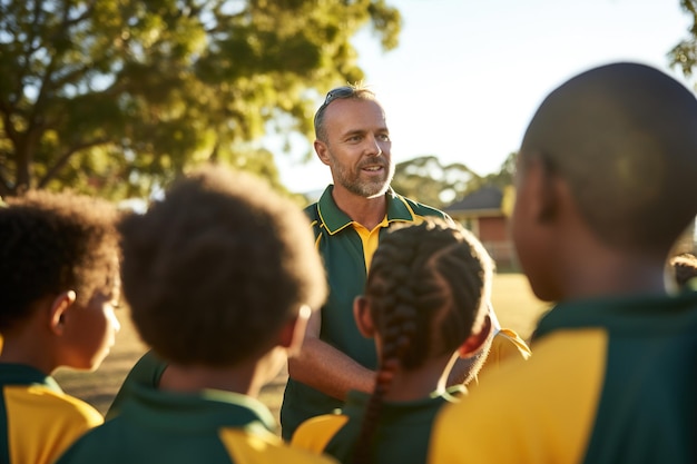 Coach die een teamgesprek heeft met kinderen op een schoolterrein