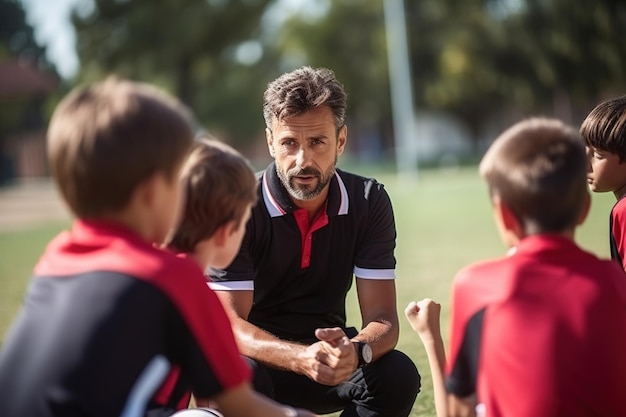 Coach die een teamgesprek heeft met kinderen op een schoolterrein