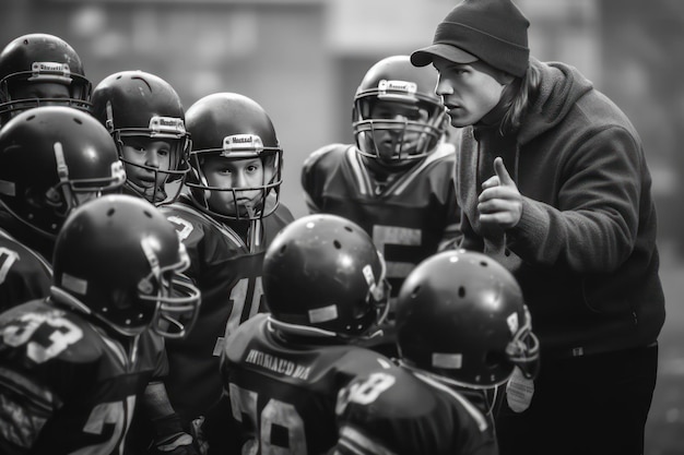 Photo coach explaining the game plan for kids team generative ai