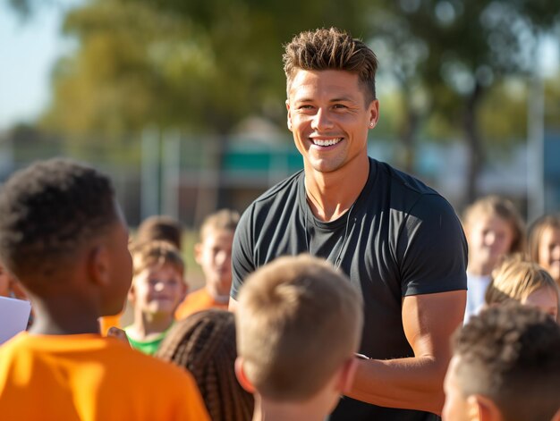 Coach giving team talk to elementary school basketball team