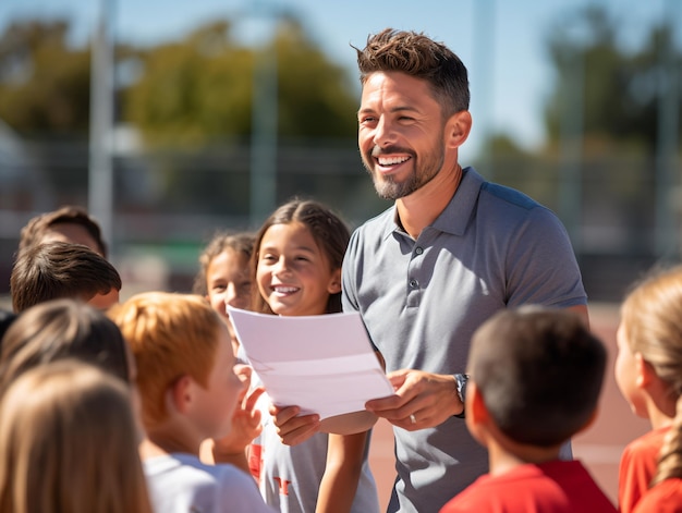 Coach Giving Team Talk To Elementary School Basketball Team