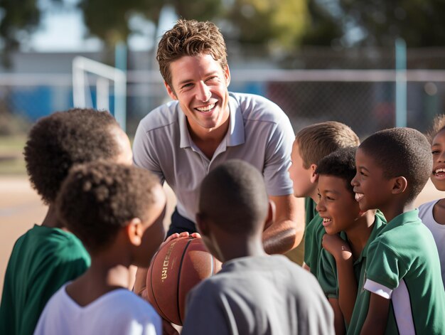 Photo coach giving team talk to elementary school basketball team