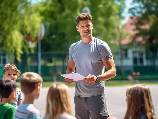 Coach Giving Team Talk To Elementary School Basketball Team