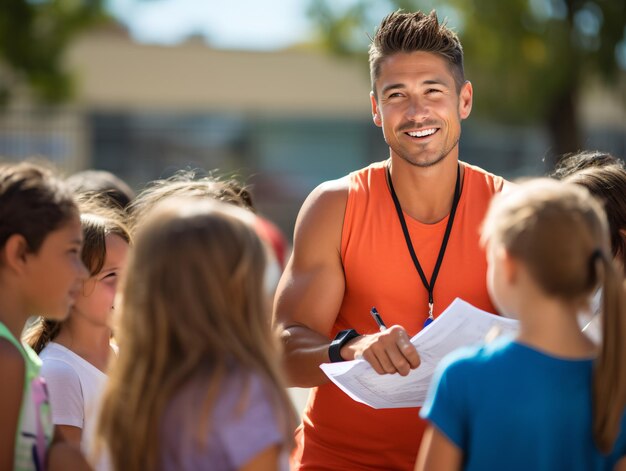 Photo coach giving team talk to elementary school basketball team