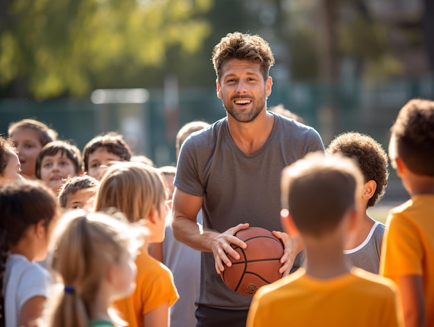 Coach Giving Team Talk To Elementary School Basketball Team