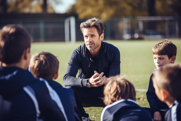 コーチが学校の庭で子供たちとチーム会話をしている