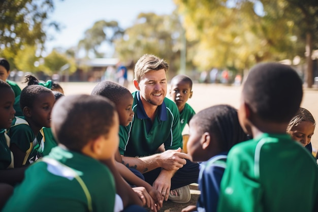 Coach having a team talk with children in a school ground