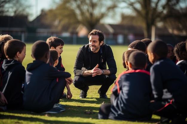 Foto coach heeft een teamgesprek met kinderen op een schoolterrein