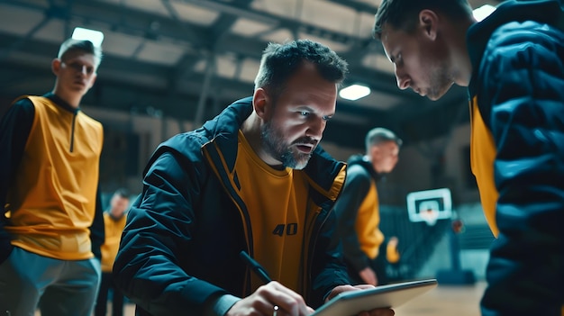 Foto coach maakt een spelplan op een digitale tablet tijdens de time-out van het sportteam voor strategische planning