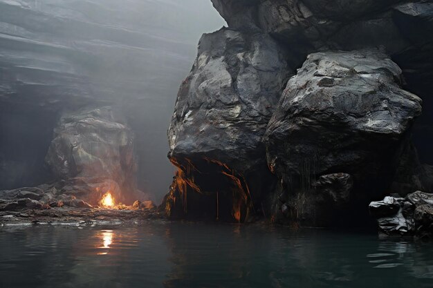 Coal mine in the middle of the river Fire and smoke