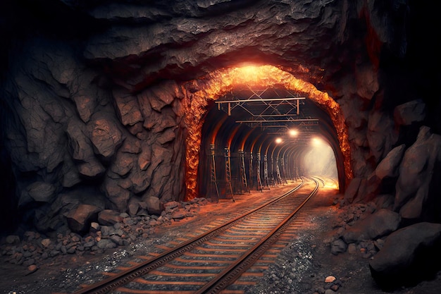 Coal mine underground ore tunnel with rails mining industry