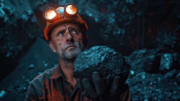 Photo coal miner displaying coal against dark background