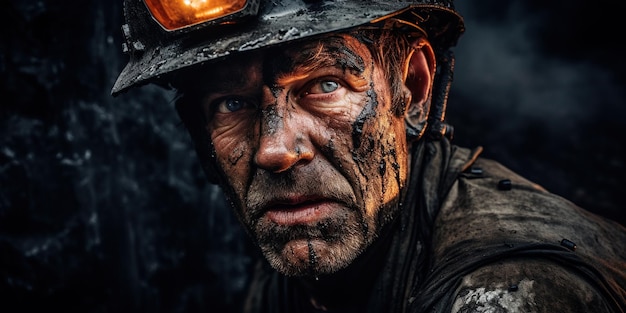 薄暗い鉱山で、顔と作業着に黒い粉塵がついた石炭の塊を掴む炭鉱労働者 AI ジェネレーティブ AI