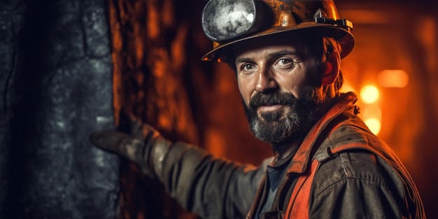 A coal miner grasping a chunk of coal with black dust on their face and work clothes in a dimly lit mine Generative AI