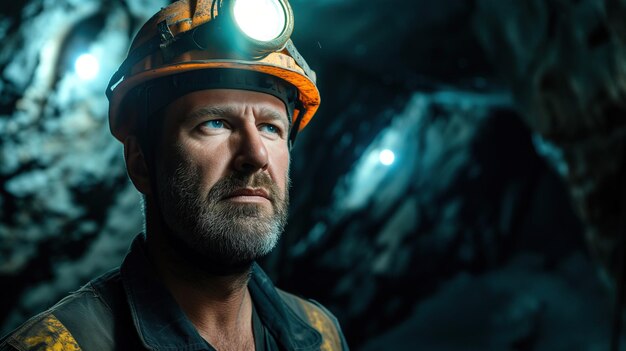 A coal miner grasping a chunk of coal with black dust on their face and work clothes in a dimly lit mine