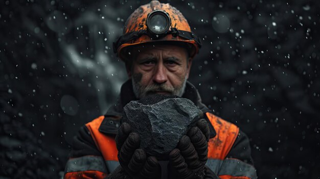 Photo coal miner holding lump of coal against a dark background