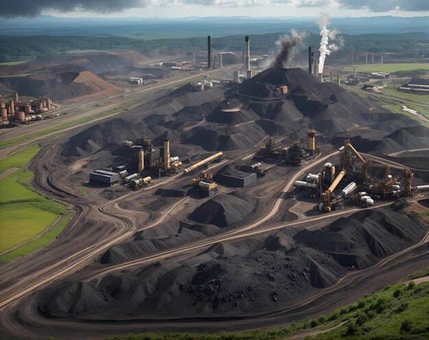 Foto processo di estrazione del carbone e dei minerali dalle miniere con molti camion pesanti industria delle miniere a cielo aperto