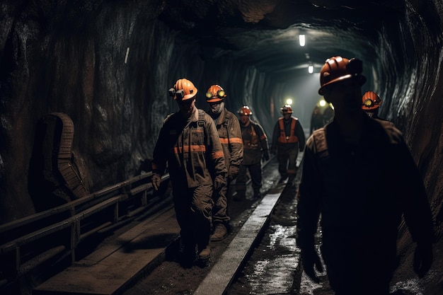 Coal miners walking through the tunnel in a mine Generative AI